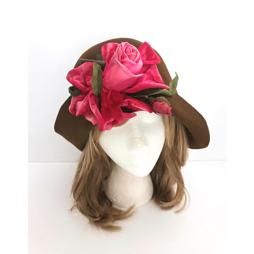 Lylia Giraldo Chocolate Brown Felt Wool Cloche Hot Pink Flower M/L